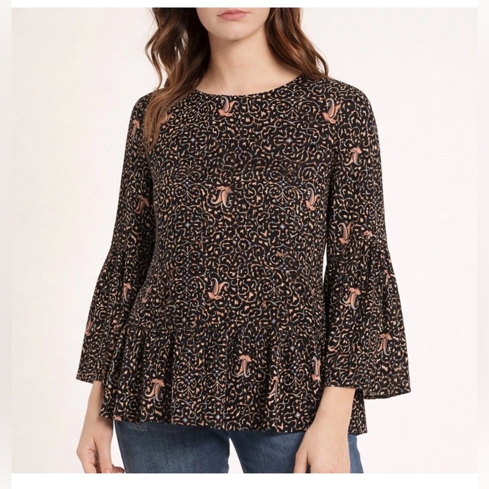 Madewell 100% Silk Paisley Print Peplum Blouse Size Medium Bell Sleeve Boho Top